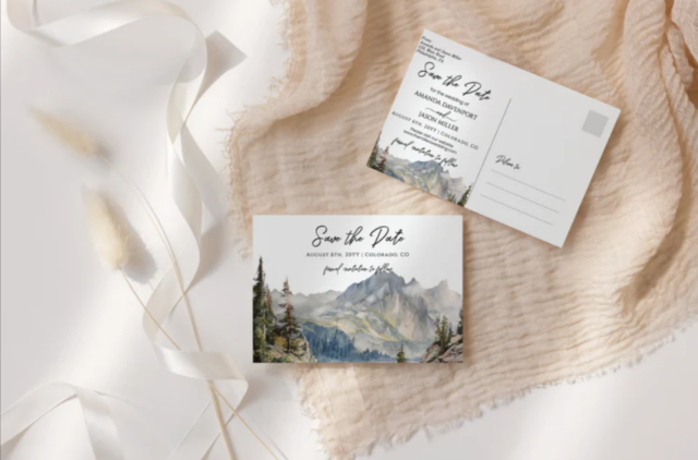 Paperlust destination wedding save the date postcard with hand-painted mountain illustration and matching RSVP card on a cream linen surface with dried wheat styling.