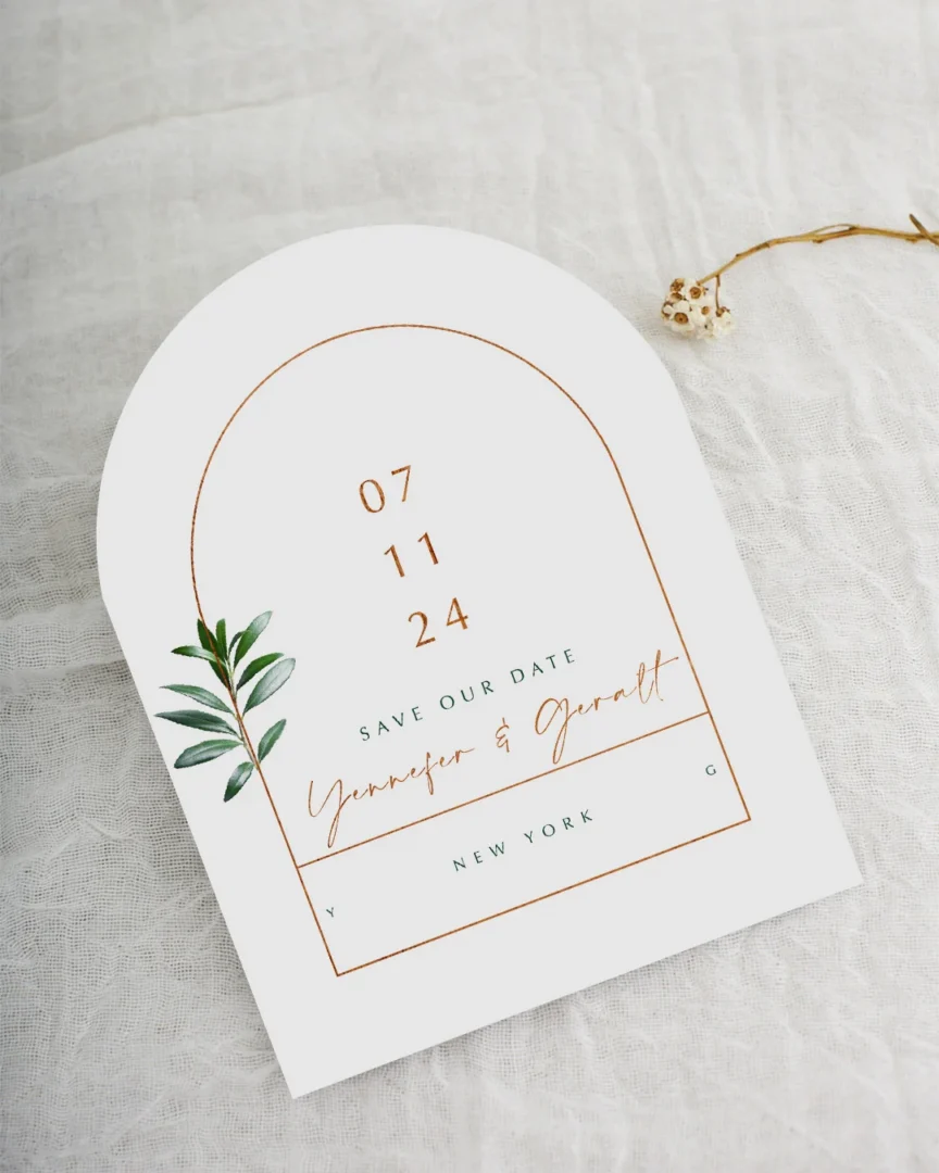 Arch-shaped garden wedding invitation design, example of a popular DIY invitation style