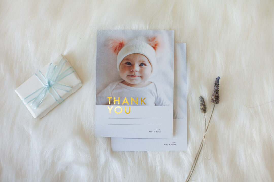 Baby thank you card with photo and gold foil lettering