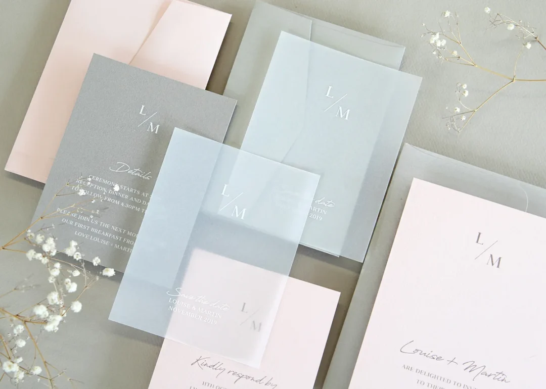 Close-up of letterpress wedding invitation texture on cotton paper stationery