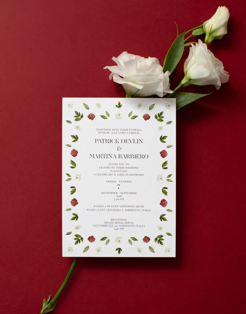 destination wedding invitation with tropical botanical design - Aloha florals style with palm and hibiscus motifs wedding stationery