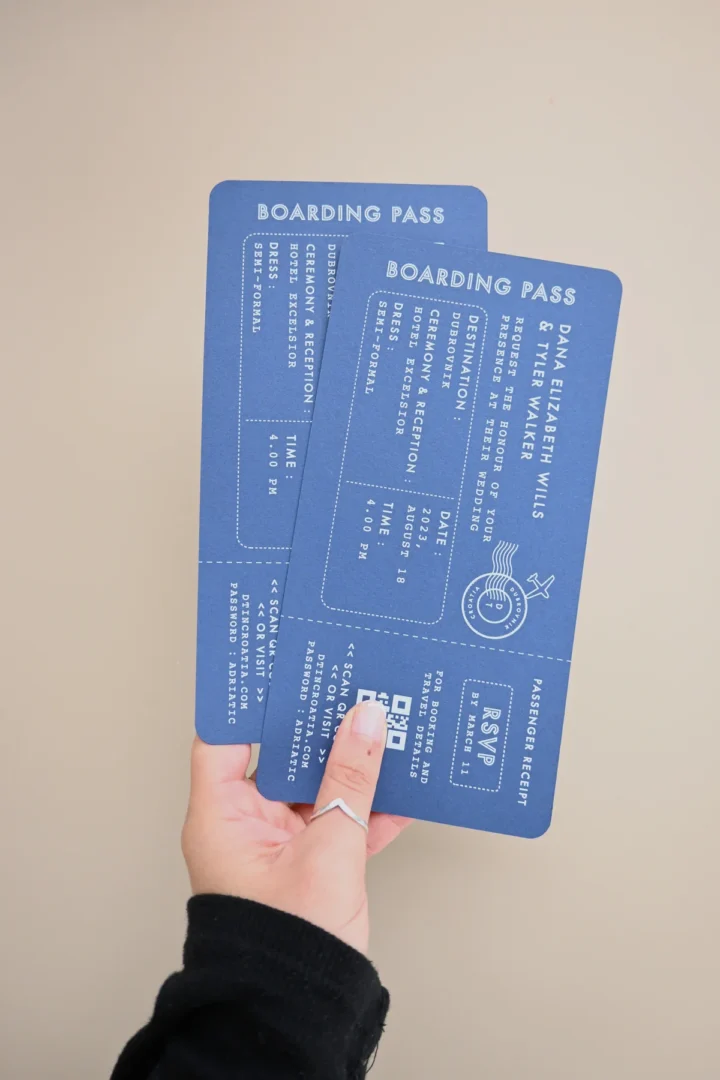 Paperlust Escape Wallet boarding pass style destination wedding invitation in dusty blue with travel details and QR code