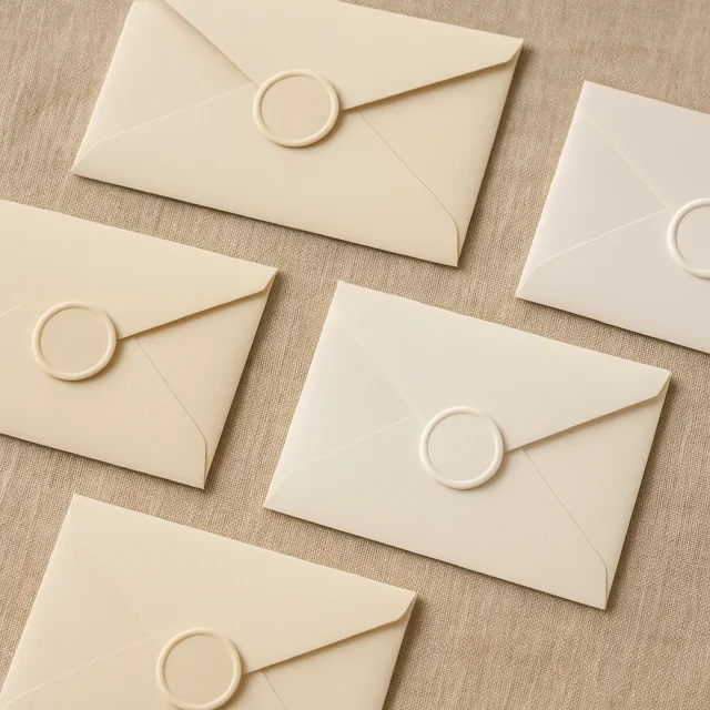 DIY wedding invitation envelopes with wax seals ready to mail — elegant stationery assembly