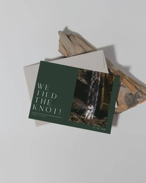 We tied the knot elopement announcement card with waterfall couple photo