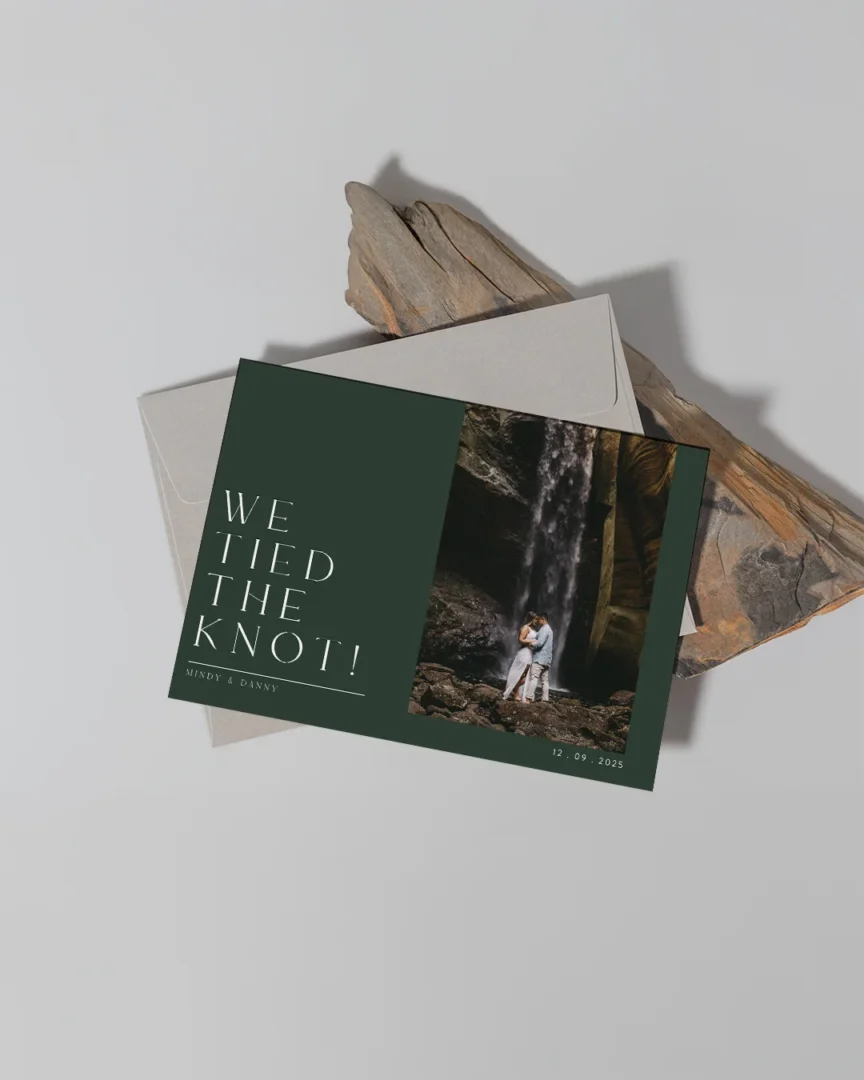 We tied the knot elopement announcement card with waterfall couple photo