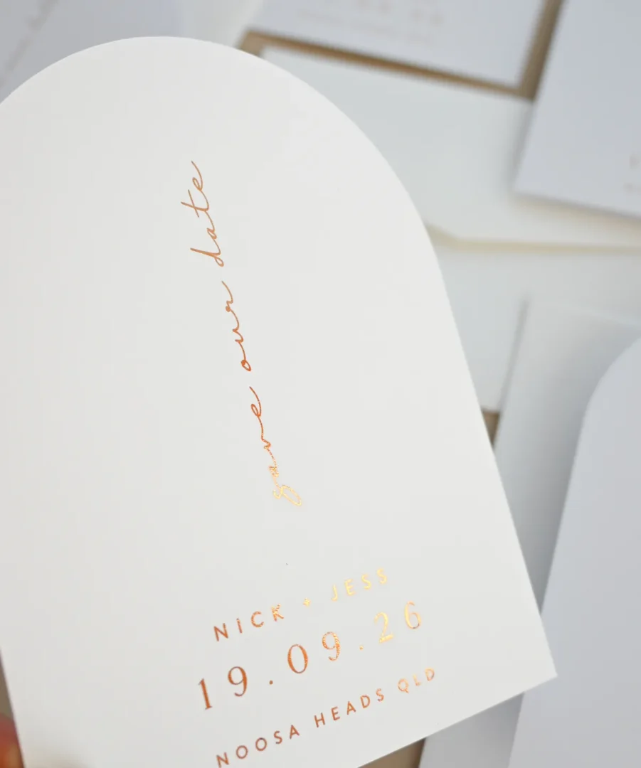 Rose gold foil stamped arch save the date