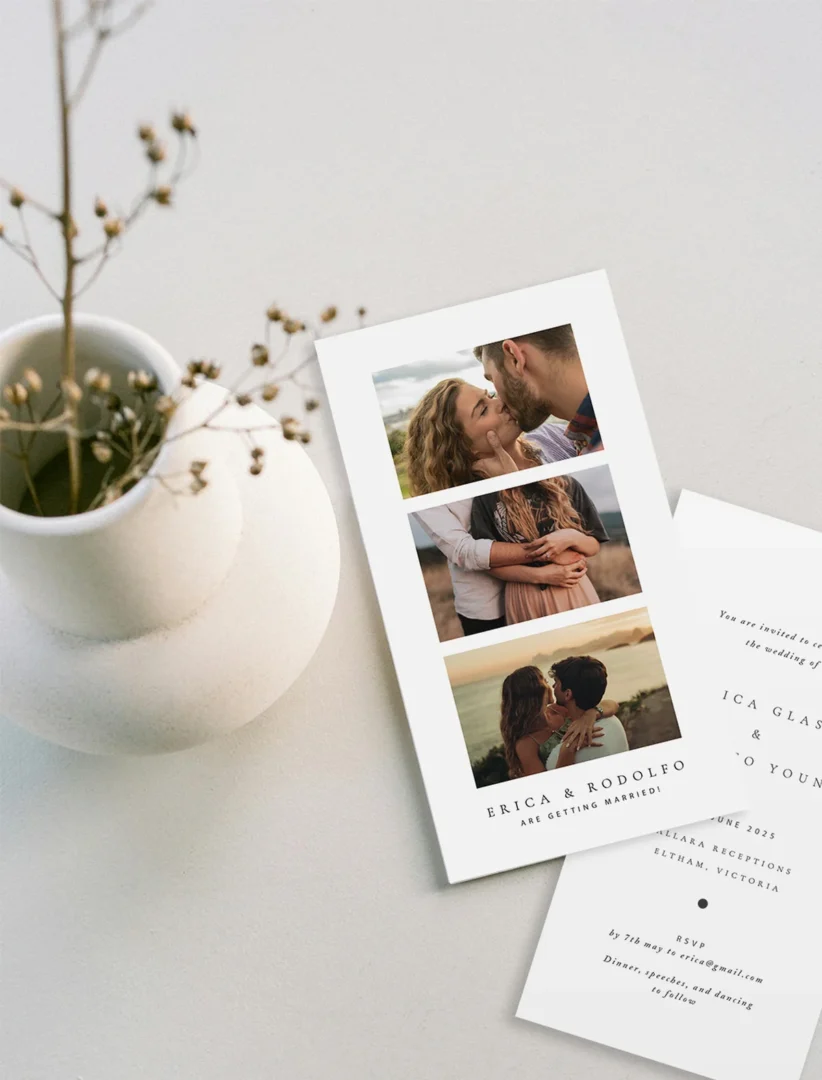 Photo strip save the date with three black and white engagement photos