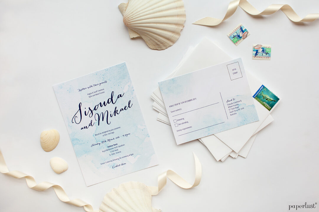 Beach wedding invitation suite with Australian postage stamps
