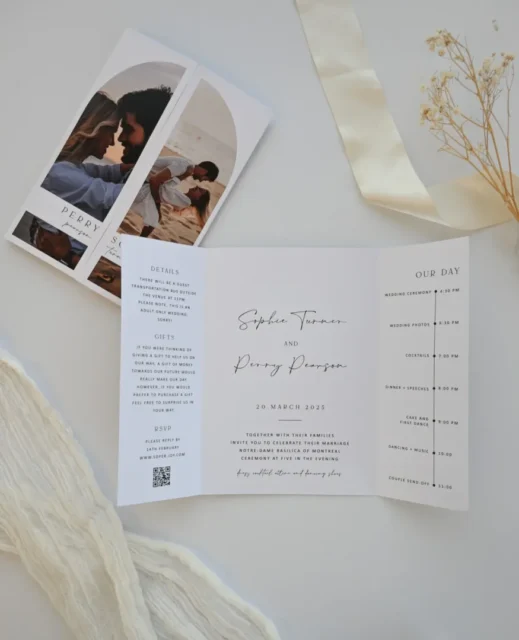 Modern tri-fold gatefold wedding invitation open on linen, Paperlust gatefold invitation design