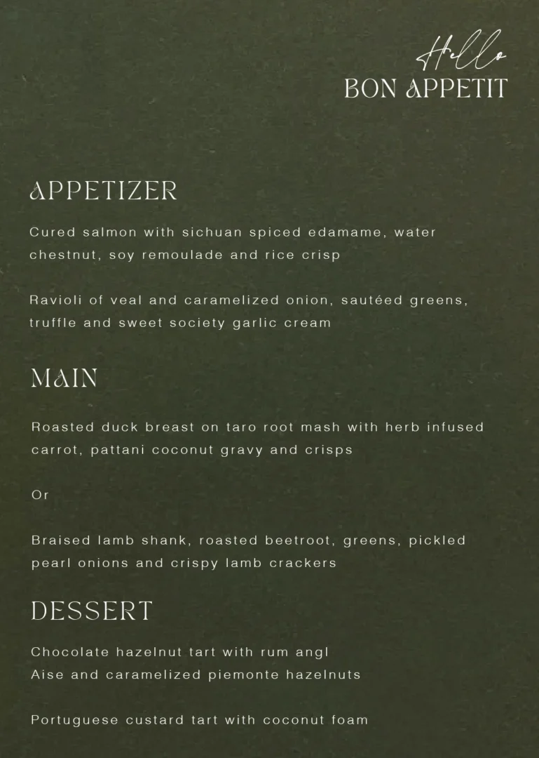 Sage green wedding menu card on forest green paper by Paperlust