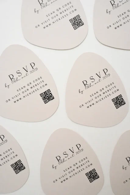 Organic-shaped wedding RSVP cards with QR code digital response option — modern wedding stationery