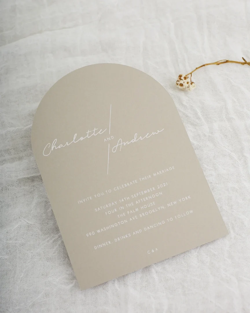 Arch-shaped wedding invitation showing non-standard sizing