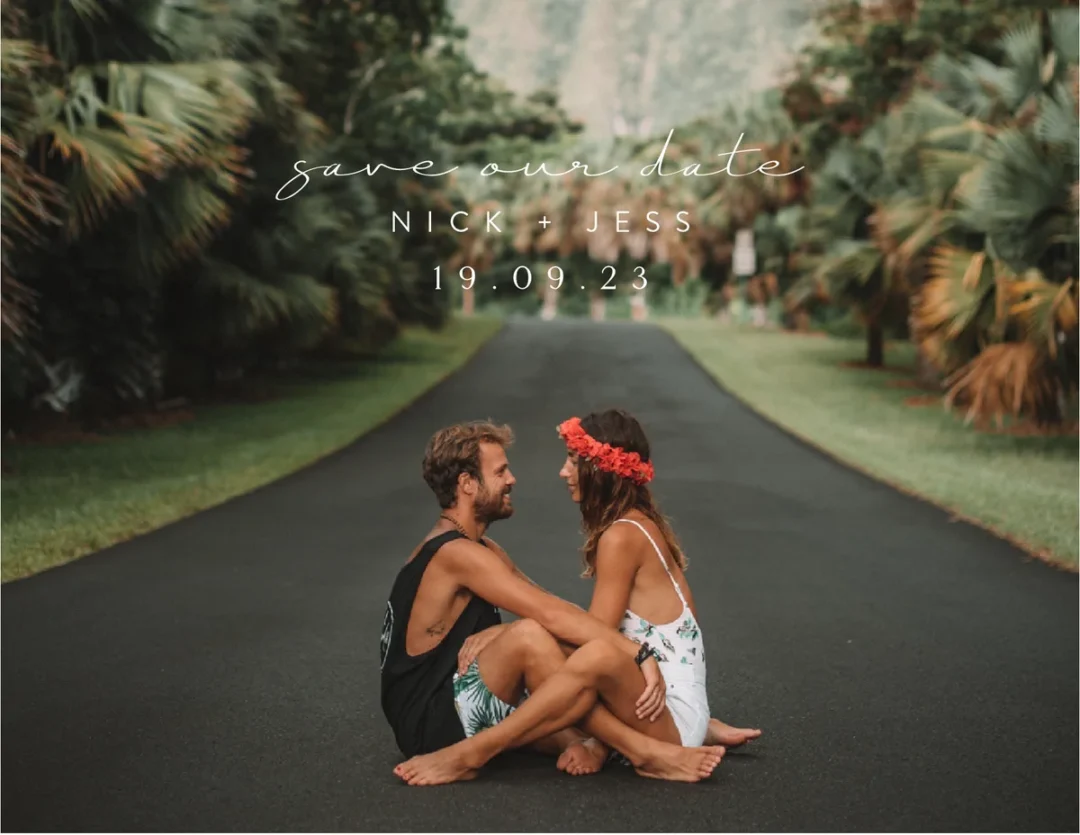 Tropical destination save the date with couple photo and palm trees