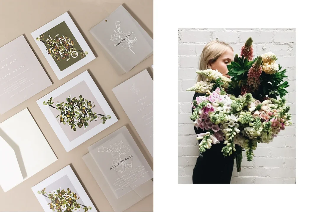 wedding invitation background styles comparison - garden floral, tropical, modern minimalist, vintage laid out side by side wedding stationery