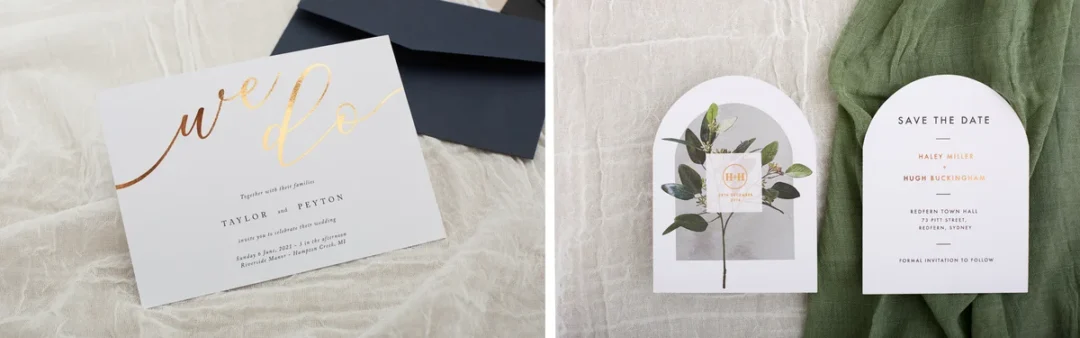 wedding invitation proof on screen next to printed physical card - showing digital-to-print comparison wedding stationery