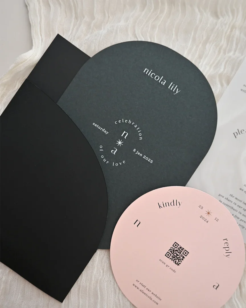 Wedding RSVP card being filled in on a table with pen and invitation suite flat lay