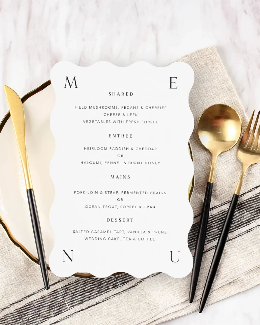 Paperlust foil wedding menu card with scalloped edge on luxury paper