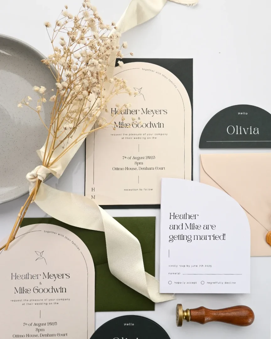 Modern minimalist arch wedding invitation suite in deep green and blush