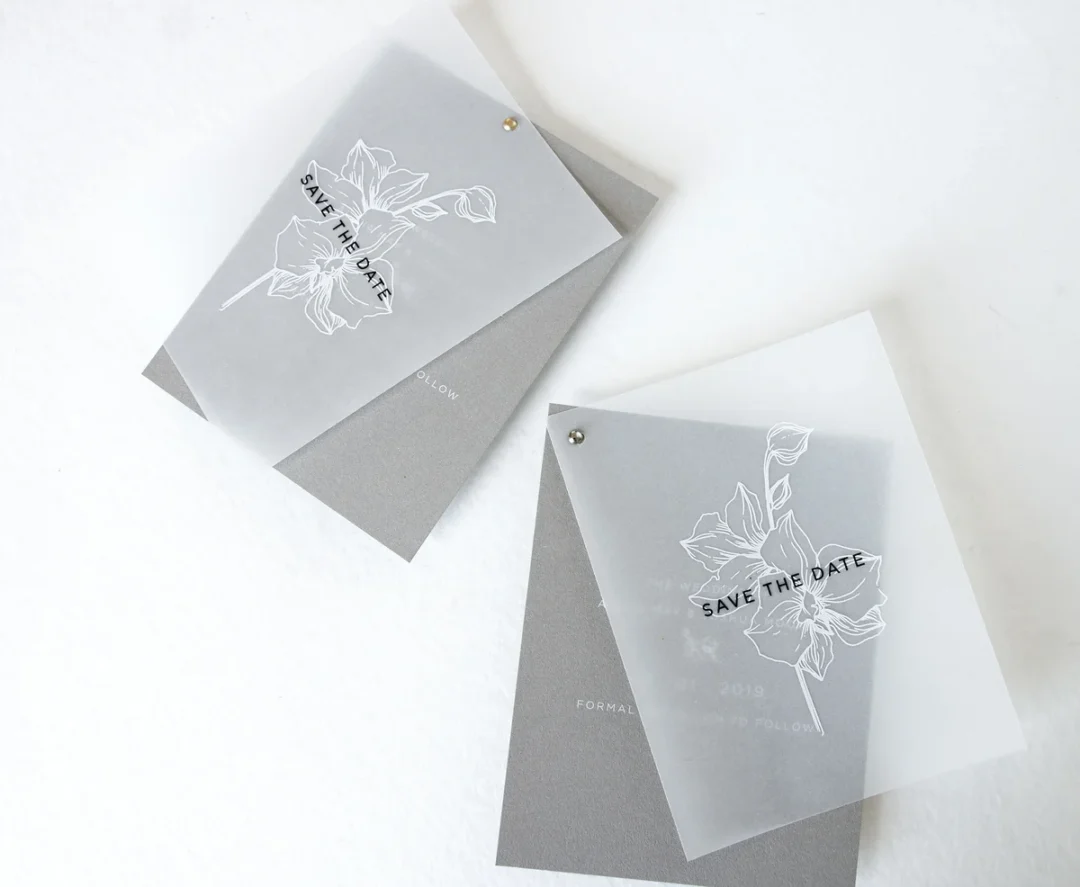 Close-up of save the date magnet design, print detail wedding stationery