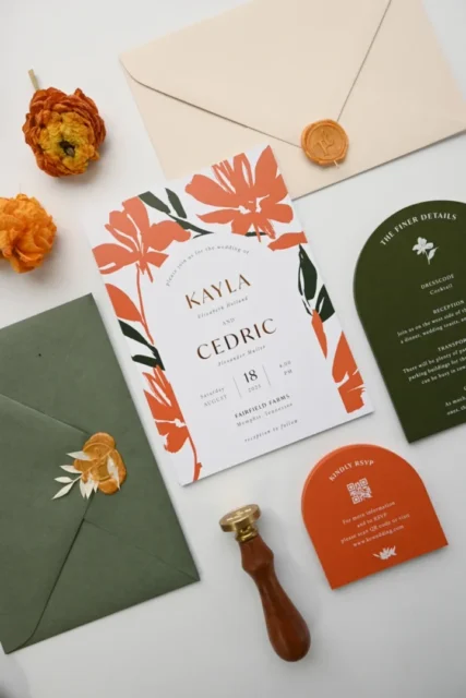 flat-lay of a sealed wedding invitation envelope beside an unsealed invitation suite and RSVP card on a cream linen surface, warm natural light, overhead angle showing the full mailing-ready set wedding stationery