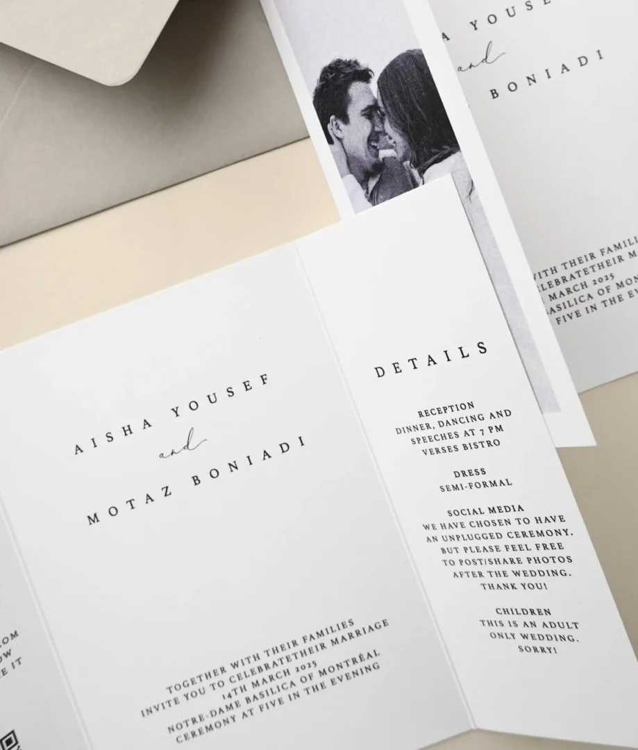 modern elopement celebration invitation suite laid flat - clean sans-serif type, minimalist design, couple's names and celebration date visible wedding stationery