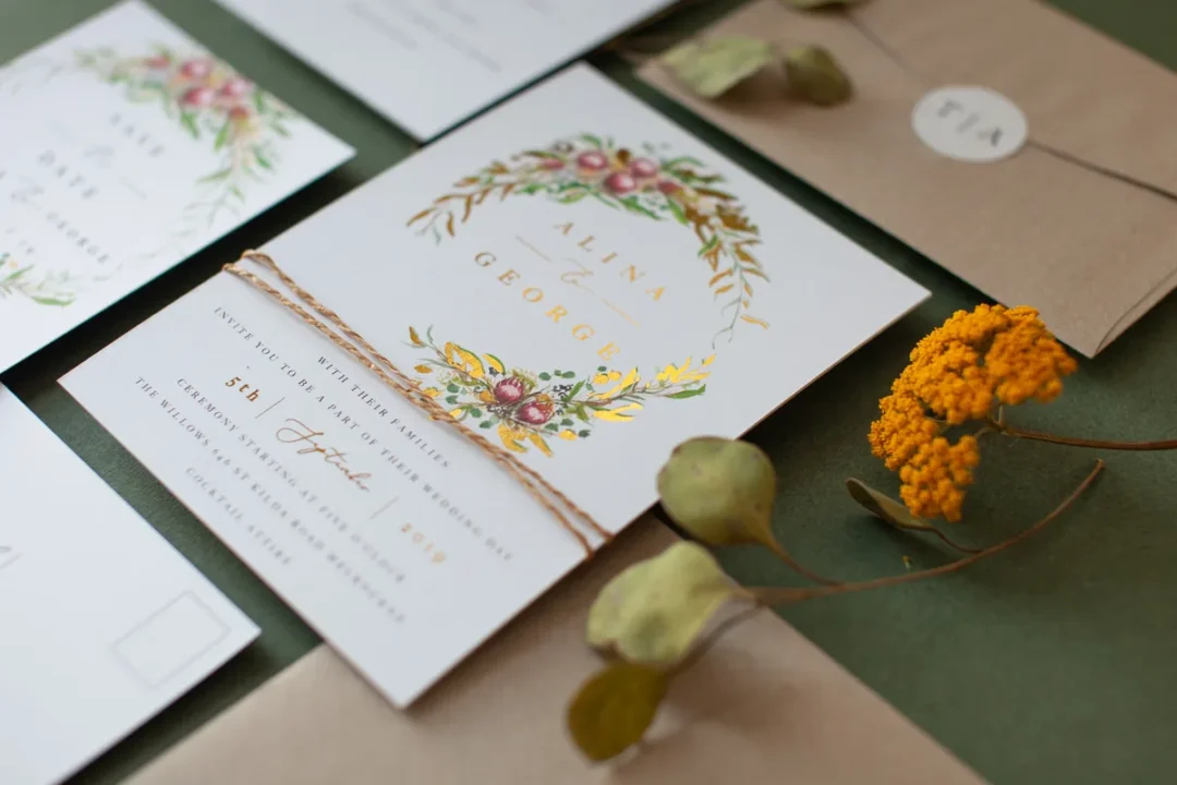 Paperlust Alina and George gold flat-foil wedding invitation with watercolour botanical wreath, kraft envelope, twine wrap, and matching save-the-date: Paperlust