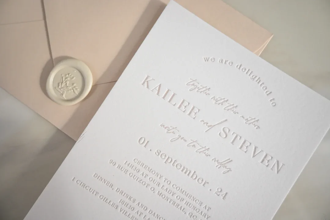 Wedding invitation suite flatlay showing multiple invitation pieces, envelopes and RSVP cards arranged together wedding stationery