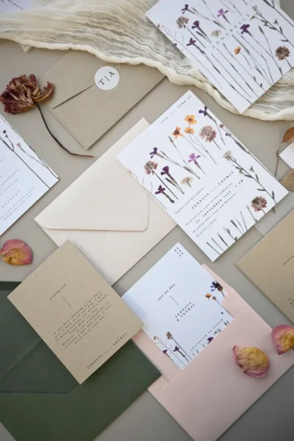 Wedding stationery suite flat lay - invitations, programs, menus, place cards wedding stationery
