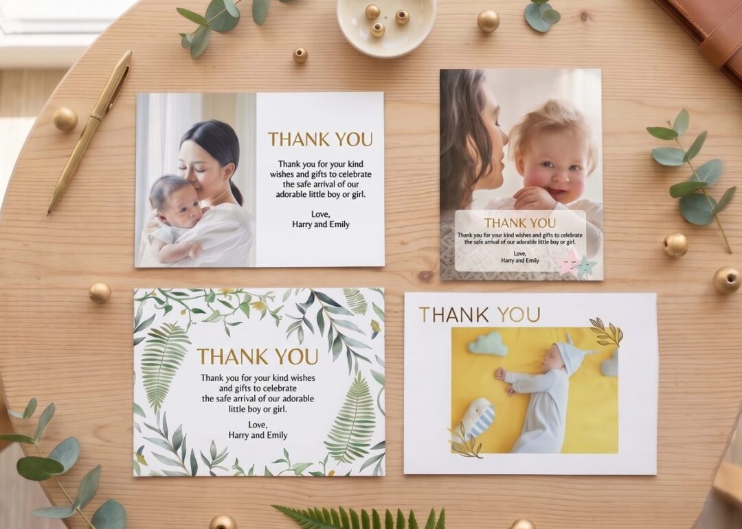 Baby shower thank you card formats: foil card, photo card, postcard and magnet flat lay