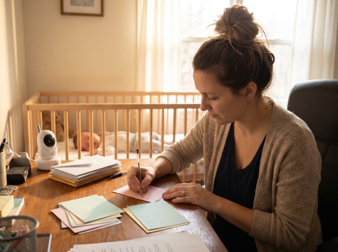 New mother handwriting a baby shower thank you note at desk near crib in soft morning light