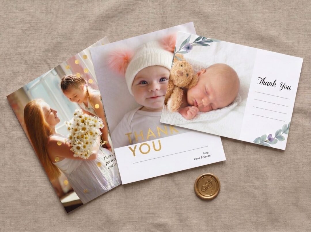 Three Paperlust baby shower photo thank you cards fanned on linen showing different newborn photography styles