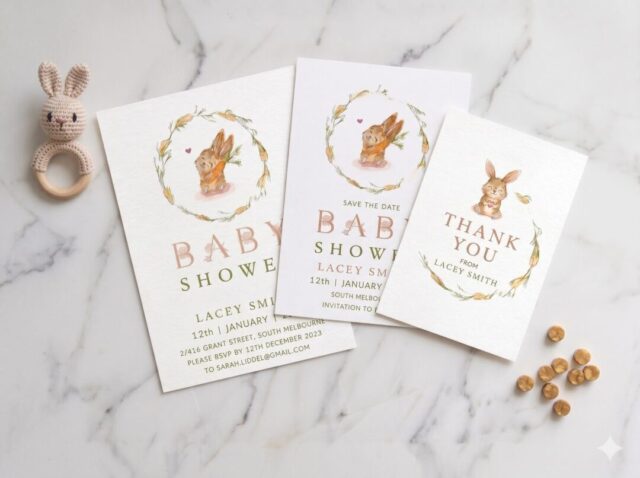 Coordinated baby shower stationery suite: invitation, save the date and thank you in matching design on marble