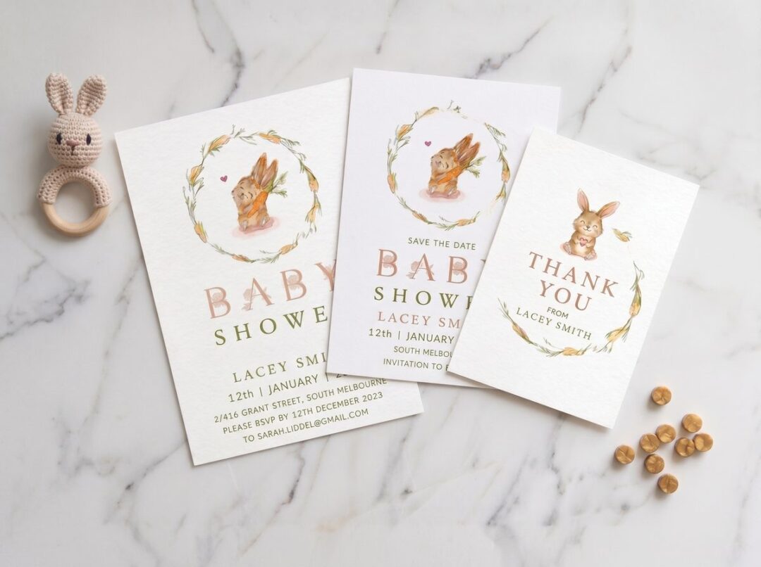 Coordinated baby shower stationery suite: invitation, save the date and thank you in matching design on marble