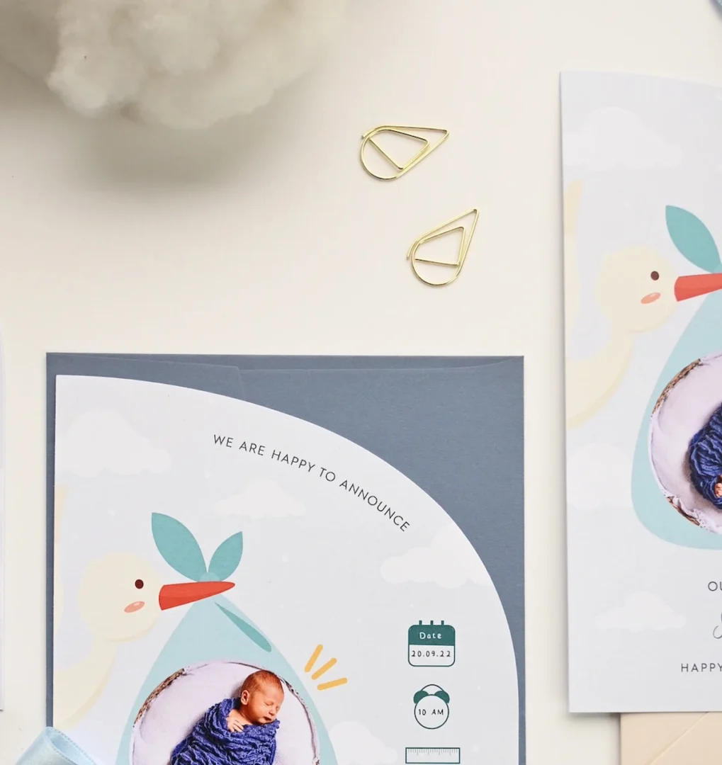 Paperlust birth announcement card product shot with newborn photo and stork illustration