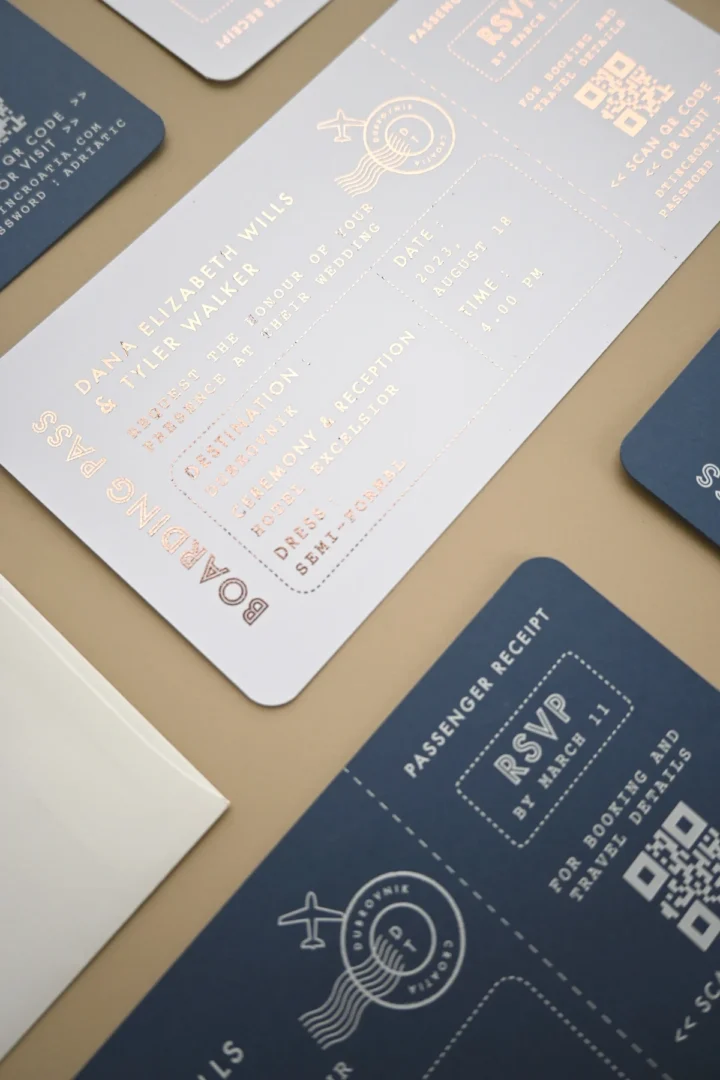 Destination wedding invitation suite styled with travel-themed passport, boarding pass, and luggage tag elements