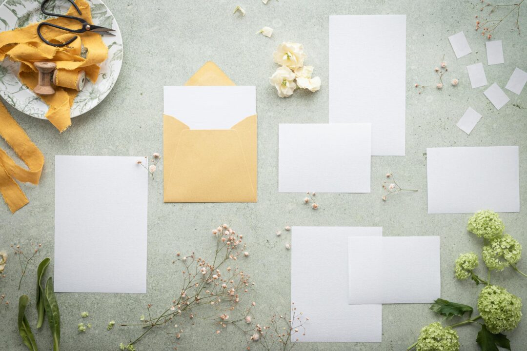 Beautifully styled botanical wedding stationery suite with pressed wildflower save-the-date and invitation cards on a textured linen surface