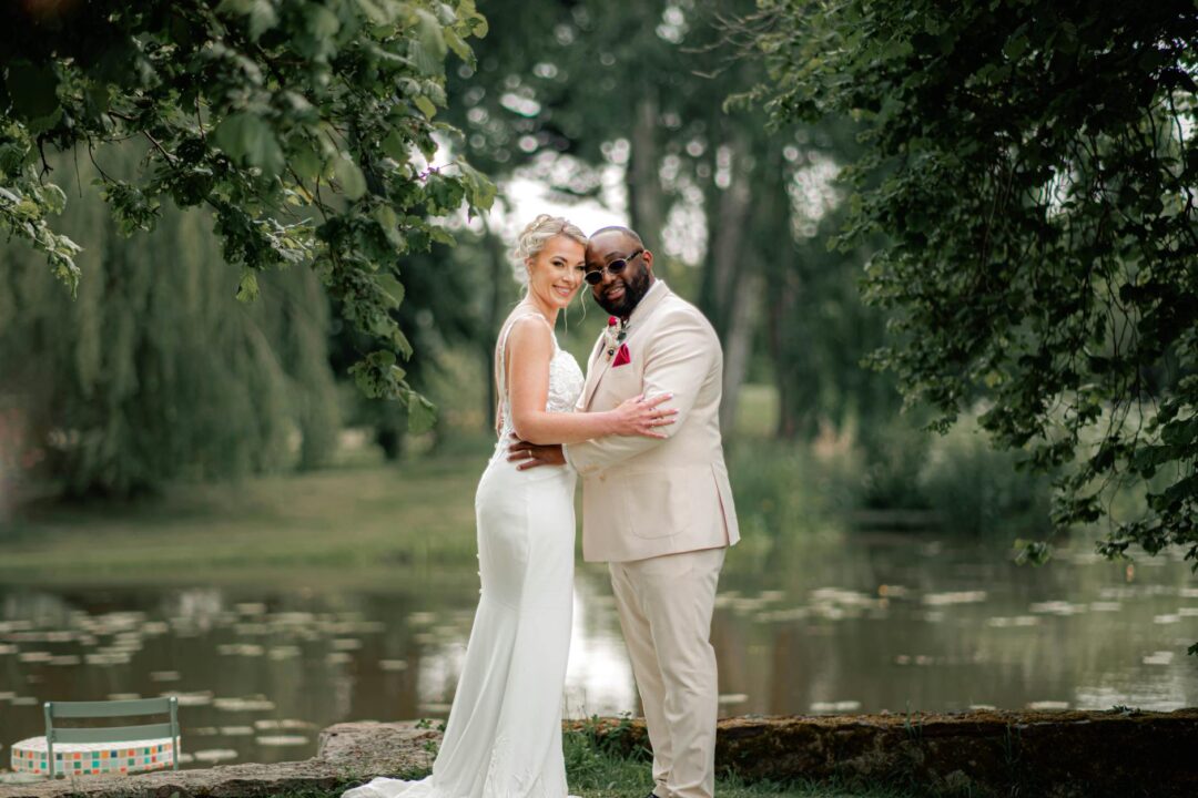 split-image showing groom in tan linen suit at outdoor beach ceremony on left, and groom in charcoal wool suit at hotel ballroom on right, d