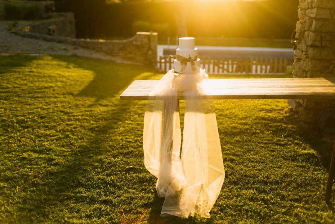 Farm table set for intimate garden wedding reception