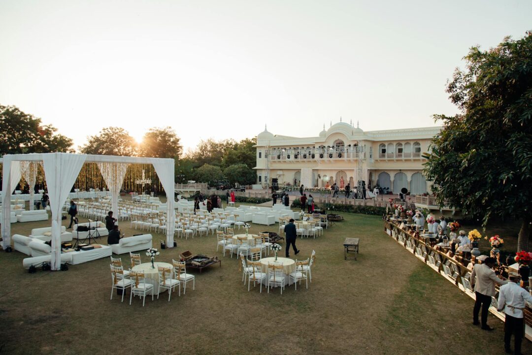 Guests at intimate outdoor wedding cocktail hour