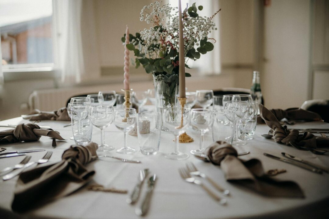 Family-style wedding dinner with shared platters