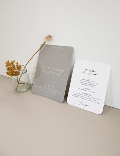 Paperlust invitation, Beautifully styled wedding invitation suite with grey main card and white details card