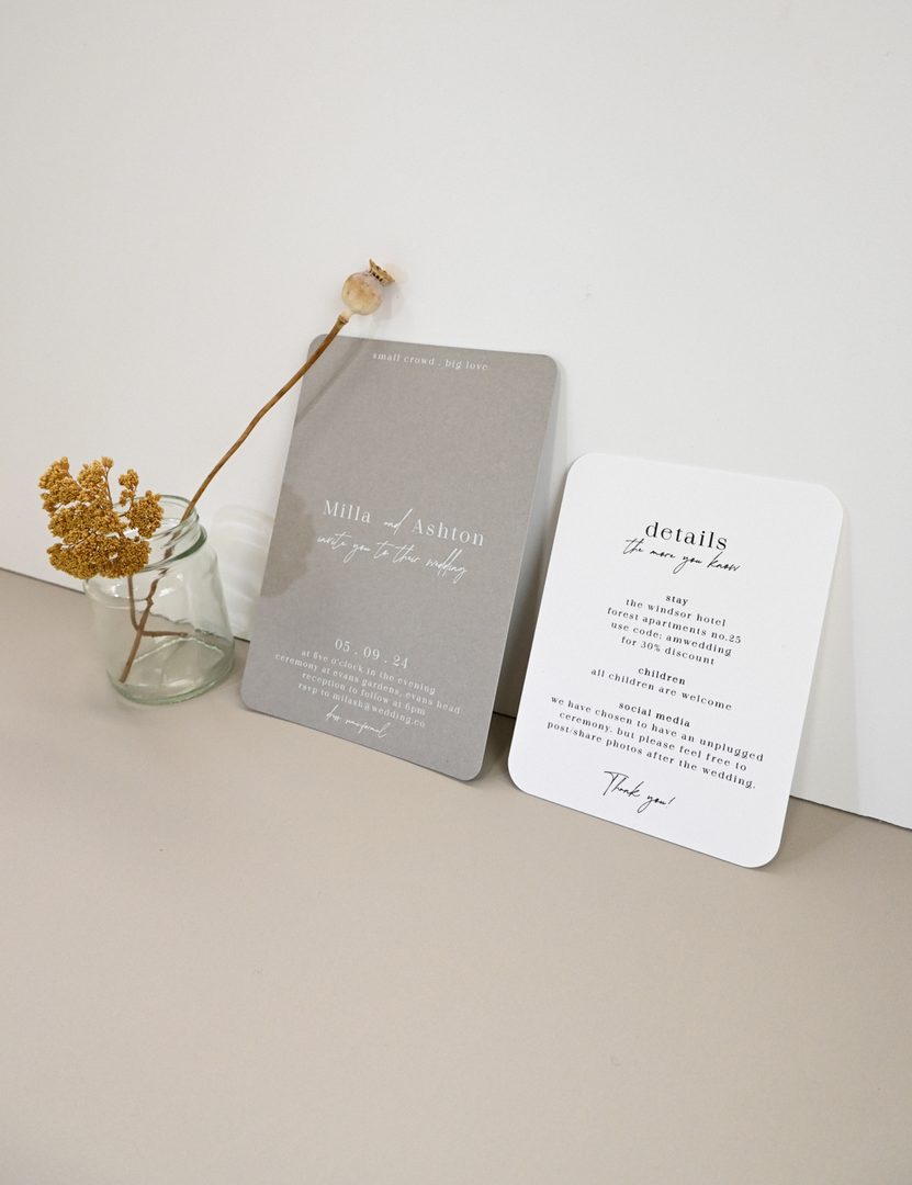 Paperlust invitation, Beautifully styled wedding invitation suite with grey main card and white details card