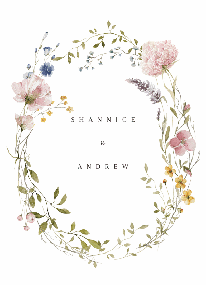 Butter Yellow + Soft Blush + Sage, Paperlust Jardin suite, white wedding invitation with hand-painted watercolour wreath of peonies, lavender, sage greenery and soft yellow wildflowers