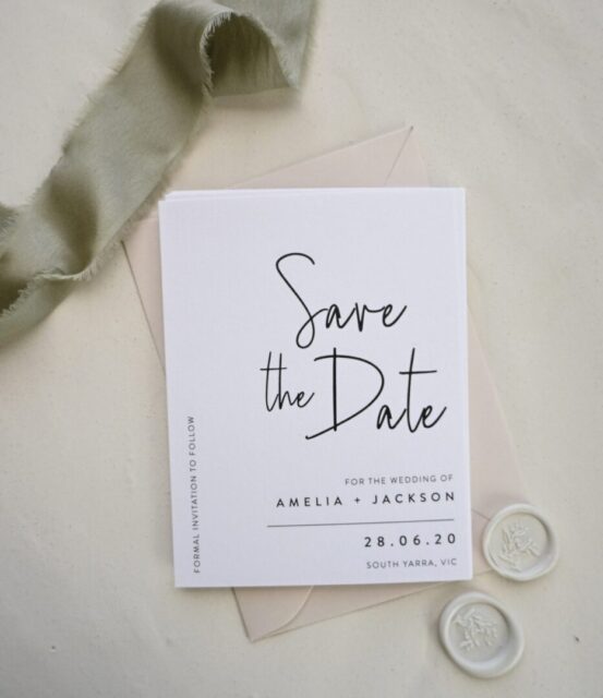 Paperlust Linear save the date with handwritten script and sans serif typography in a retro-modern editorial layout