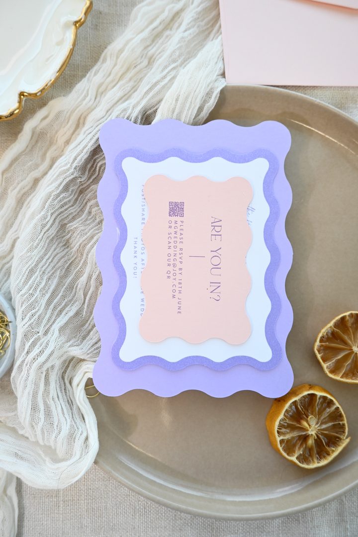 Paperlust rsvp, Beautifully styled RSVP card with wavy lavender border and blush pink center