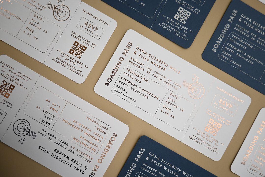 Paperlust rsvp, Beautifully styled boarding pass wedding invitation suite with rose gold foil on navy and white stock. Destination wedding theme featuring Dubrovnik