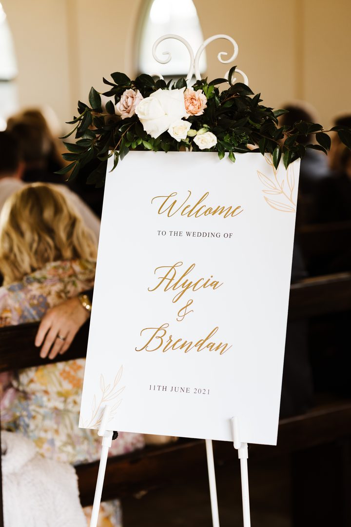 Paperlust welcome sign, White welcome sign with gold foil for Alycia & Brendan