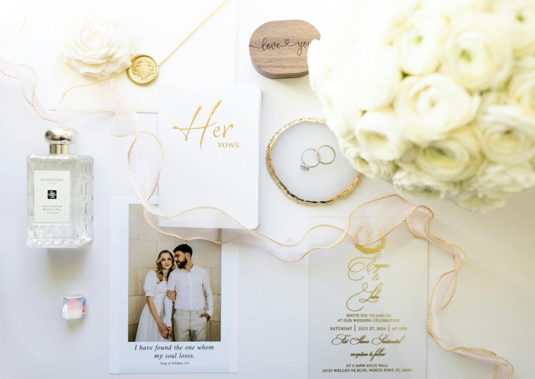 Paperlust flat foil wedding invitation suite with cream printed belly band secured by wax seal showing suite components neatly assembled - s