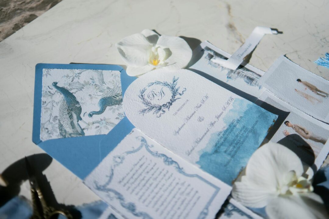 Close-up watercolor venue illustration save the date postcard