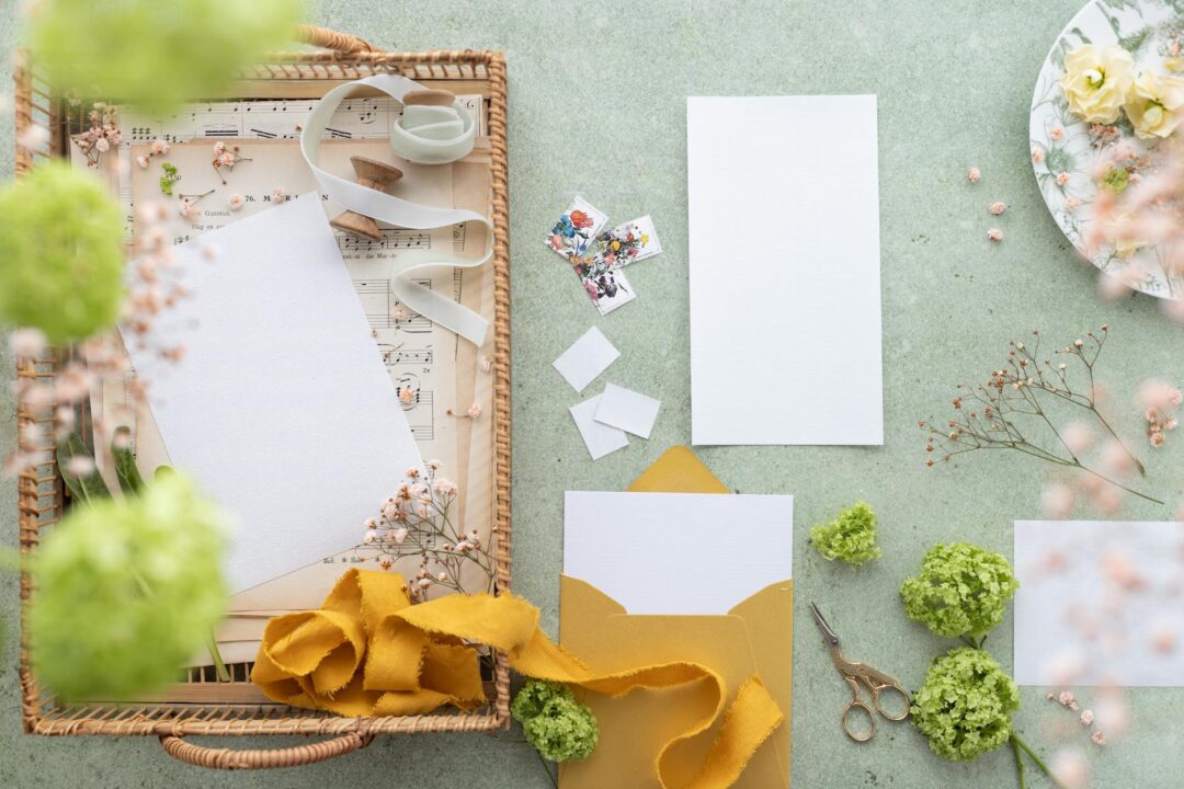 Side-by-side flat lay of postcard front and back showing dual design layout